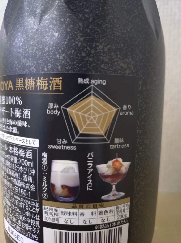 チョーヤ黒糖梅酒ラベルのうしろ